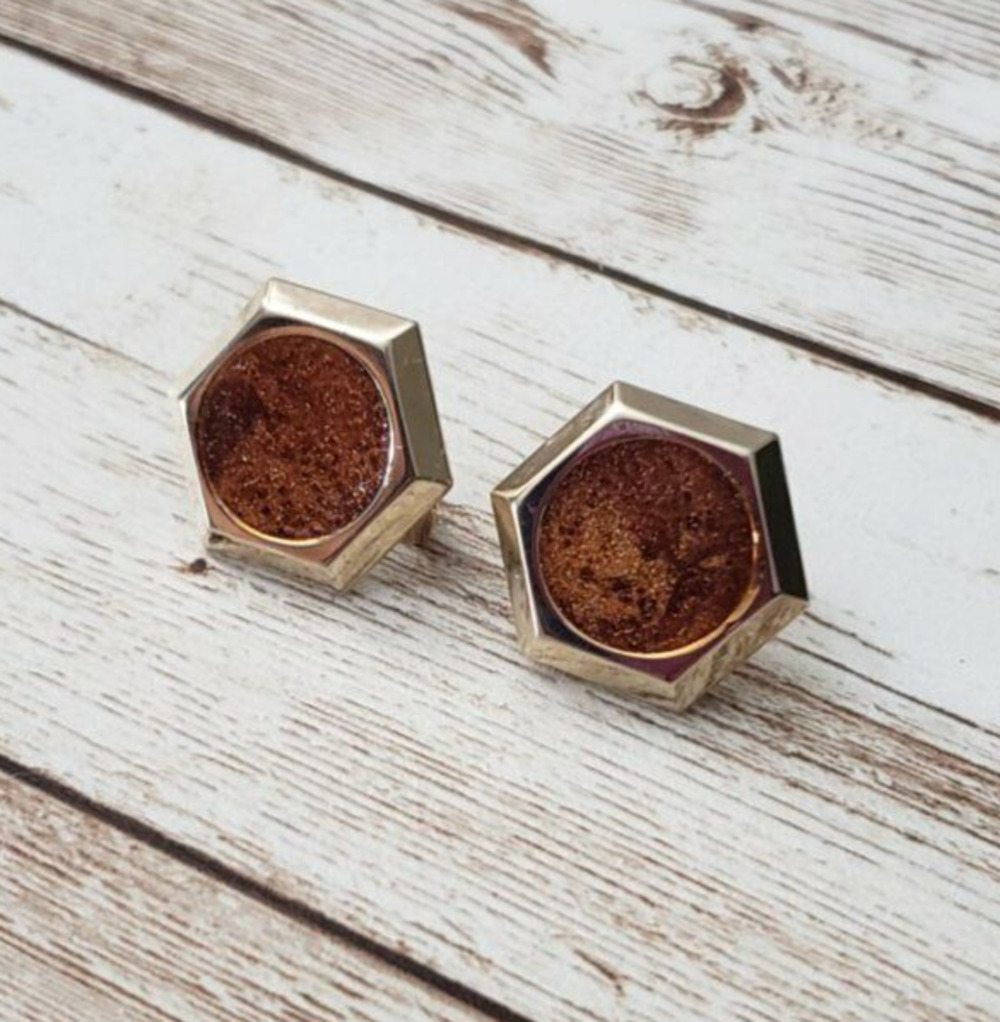 Vintage Clip On Earrings Hexagon Shape with Copper Tones Center